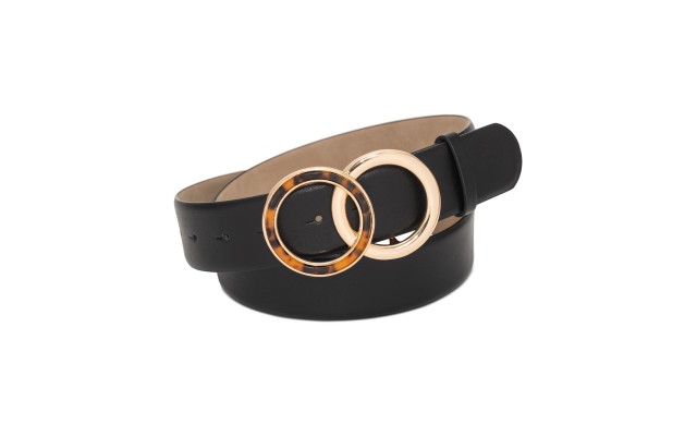 Inc Round Tortoiseshell Buckle Panel Belt, Black, Large