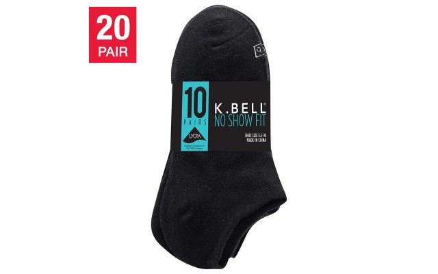 K Bell No Show Sock, 20 pair, Black, Regular
