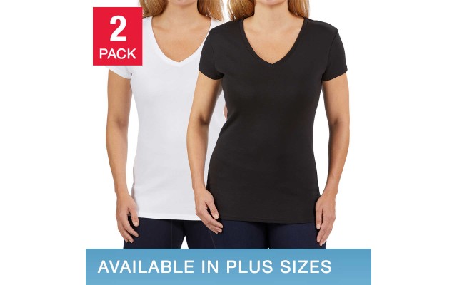  Ladies' V-Neck Tee, 2-pack, Black, Large
