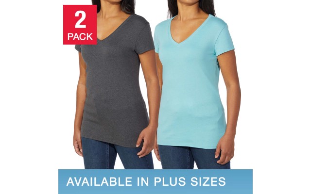  Ladies' V-Neck Tee, 2-pack, Blue, Small