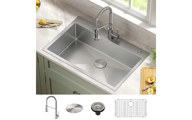  33″ Dual Mount Single Bowl Kitchen Sink with 18″ Commercial Kitchen Faucet