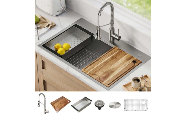  33″ Dual Mount Workstation Sink with 18″ Commercial Kitchen Faucet