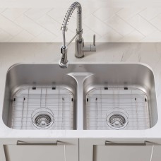 KRAUS 33″ Undermount Double Bowl Kitchen Sink with 18″ Commercial Kitchen Faucet