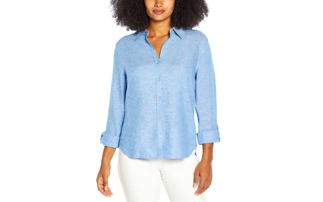  Ladies' Long Sleeve Linen Blend Top, Blue, Large