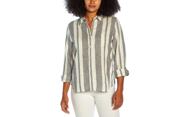  Ladies' Long Sleeve Linen Blend Top, Light Blue, Large