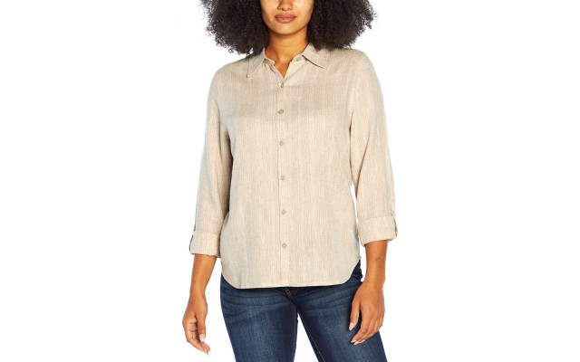  Ladies' Long Sleeve Linen Blend Top, Tan, Large