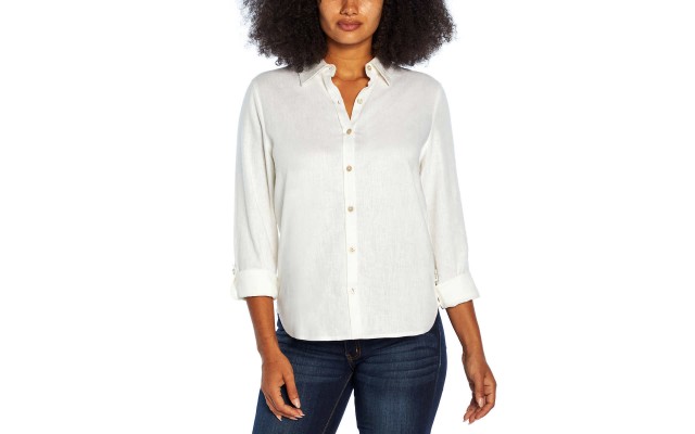  Ladies' Long Sleeve Linen Blend Top, White, Large