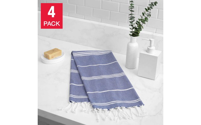 Peshtemal Turkish Hand Towels 4-Piece Set, Blue