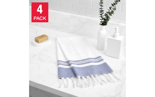 Peshtemal Turkish Hand Towels 4-Piece Set, Dark Blue