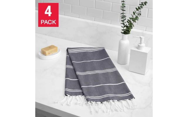 Peshtemal Turkish Hand Towels 4-Piece Set, Dark Gray