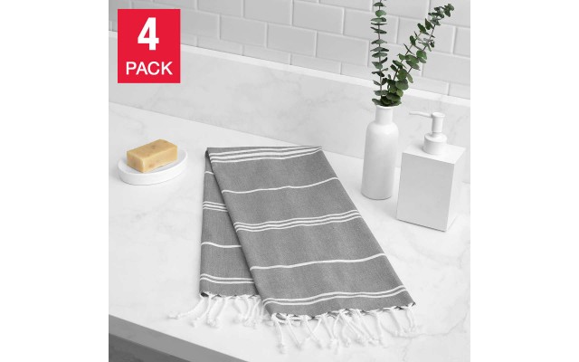Peshtemal Turkish Hand Towels 4-Piece Set, Light Gray