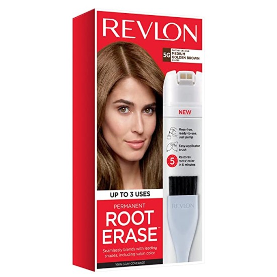  Root Erase Permanent Hair Color, 100% Gray Coverage, At-Home Root Touchup Hair Dye with Applicator Brush for Multiple Use, Medium Golden Brown (5G),
