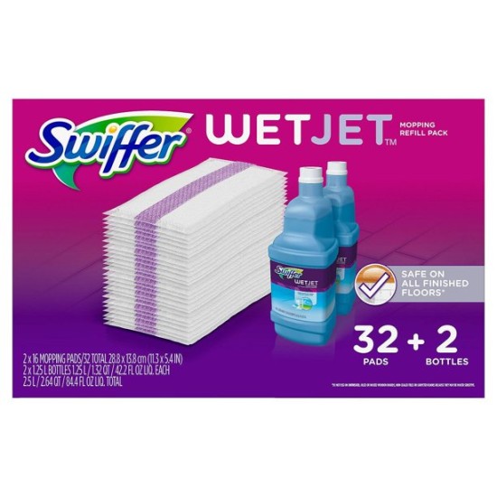  WET JET REFILLS 32 PADS WITH 2 BOTTLES OF CLEANER SOLUTION