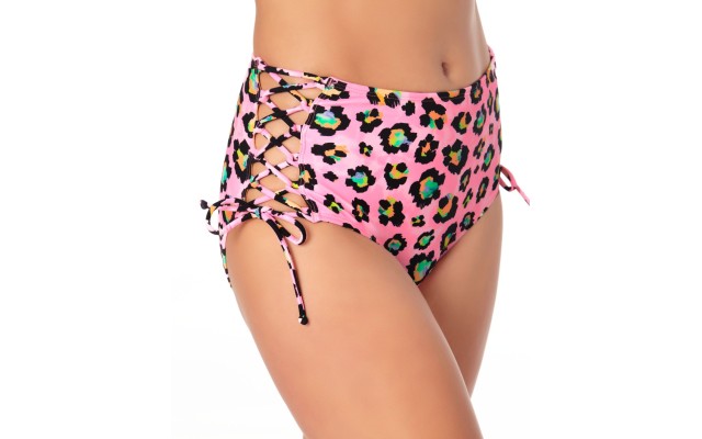  Juniors’ Side-Lace High Waist Bikini Bottoms- Pink, Pink, Large