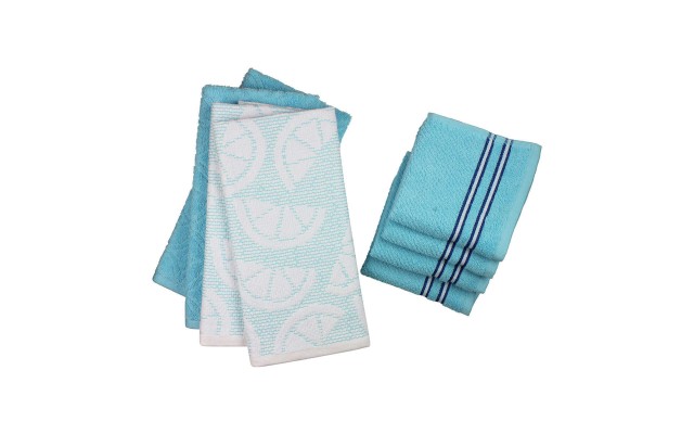 Freshee Kitchen Towel and Dishcloth Set with Antimicrobial Treatment, Light Blue