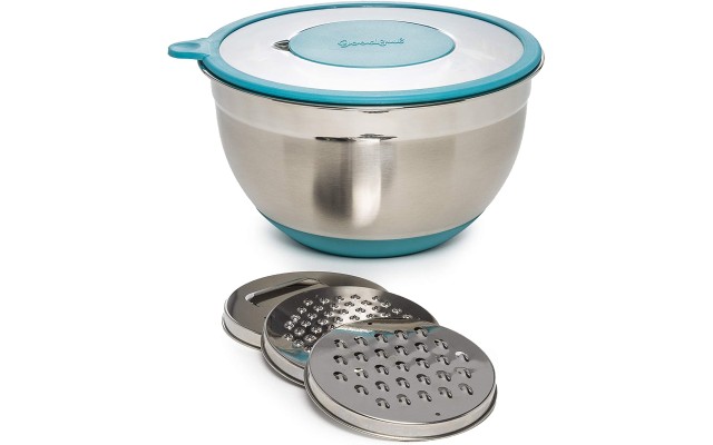  Stainless Steel Mixing Bowl with Non-Slip Bottom, Lid and 3 Interchangeable Grater Inserts