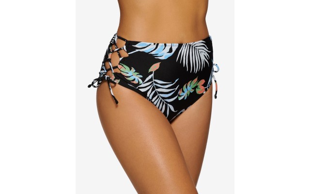  Juniors’ Aloha Breeze Lace-up-Side High-Waist Bottom, Black,L