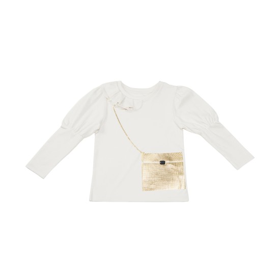 Girls Golden Crossbody Pattern Sequined Peruvian Cotton T-Shirt – Puff Long Sleeve, Ruffled Crewneck, Creme Brulle, 8