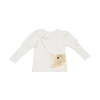 Kidsy Girls Golden Crossbody Pattern Sequined Peruvian Cotton T-Shirt – Puff Long Sleeve, Ruffled Crewneck, Creme Brulle, 6