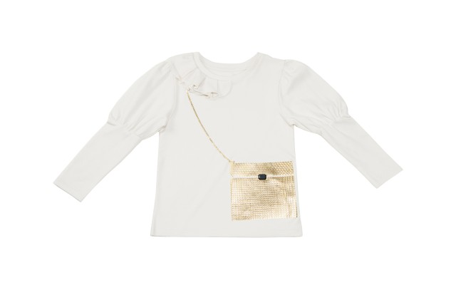  Girls Golden Crossbody Pattern Sequined Peruvian Cotton T-Shirt – Puff Long Sleeve, Ruffled Crewneck, Creme Brulle, 6