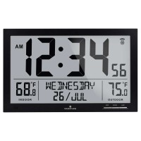 Marathon Atomic Full Calendar Clock with Indoor / Outdoor Temperature, Black