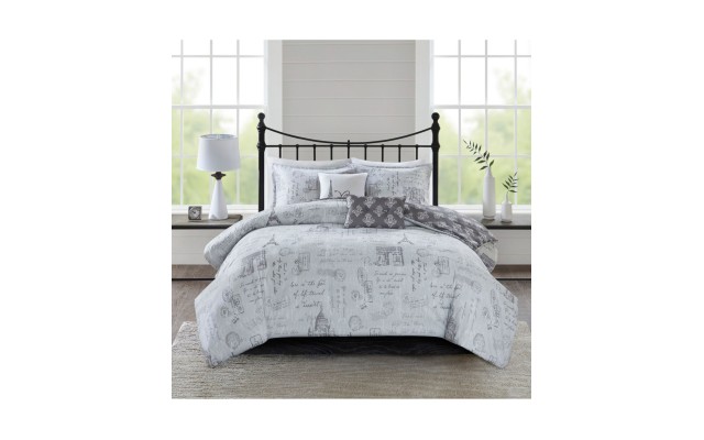  Marseille King/California King 5 Piece Reversible Paris Print Duvet Cover Set, Grey/Charcoal