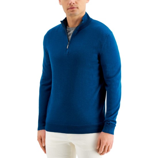  Men’s Quarter-Zip Ribbed Placket Sweater, Blue 2XL