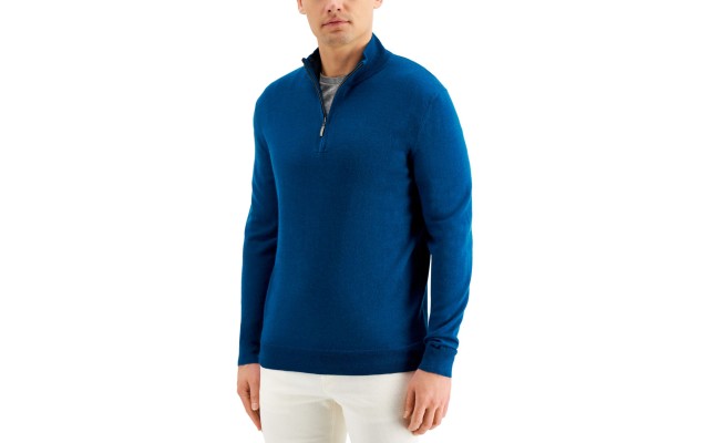  Men’s Quarter-Zip Ribbed Placket Sweater, Blue 2XL
