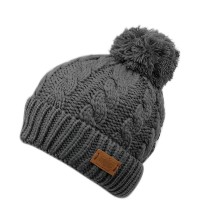 Angela & William Cable Pom Beanie with Sherpa Lining, Gray