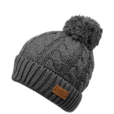 Angela & William Cable Pom Beanie with Sherpa Lining, Gray