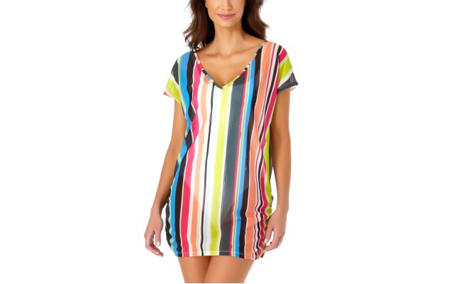  Clearwater Stripe V-Neck Mesh Tunic Cover-Up, Medium, Multicolor