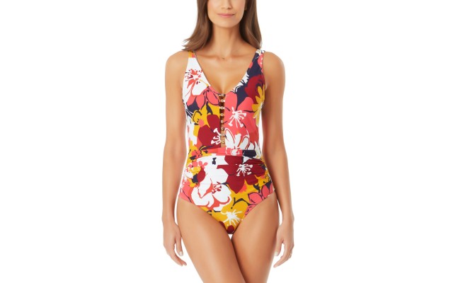  Floral-Print Beaded One-Piece Swimsuit, Wallflower,16