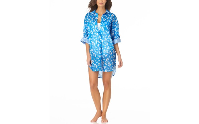  Floral-Print Boyfriend Shirt Cover-Up, X-Small, Blue