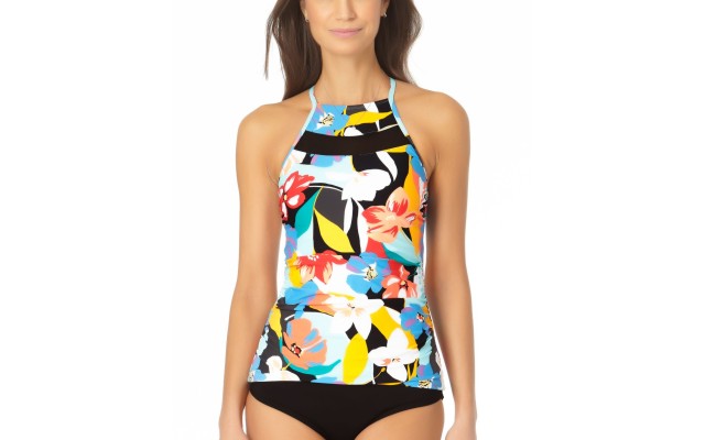  Mesh-Inset Tankini Top Women’s Swimsuit,Multi, M