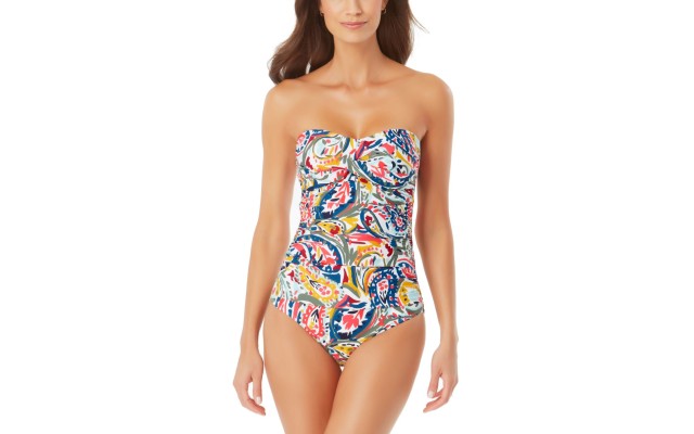  Paisley-Print Strapless One-Piece Swimsuit, Multi, 6