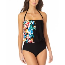 Anne Cole Printed Blouson  Foral One-Piece Swimsuit,Black, 10