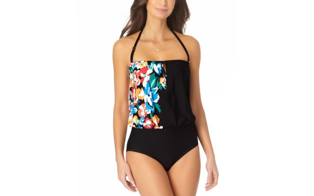  Printed Blouson  Foral One-Piece Swimsuit,Black, 10