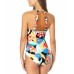  Printed High-Neck One-Piece Swimsuit, Multi,14