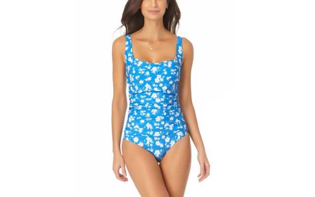  Square-Neck Front-Shirred One-Piece Swimsuit,Blue,12