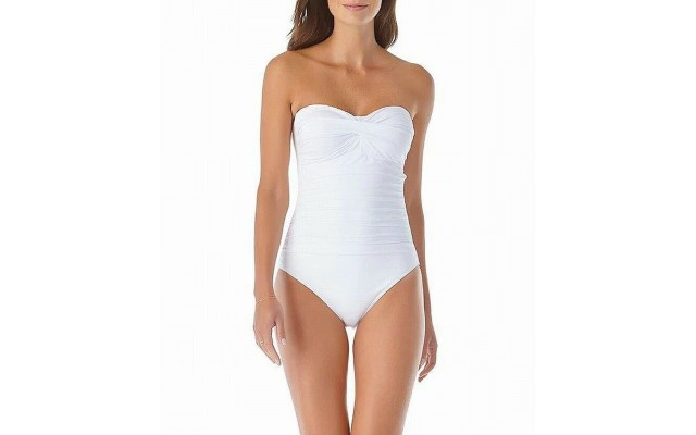  Twist-Front Ruched One-Piece Swimsuit Women Swimsuit, White, 10