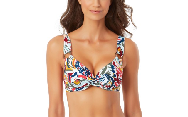  Watercolor Paisley Underwire Twist-Front Bikini Top, 38 D, Multicolor