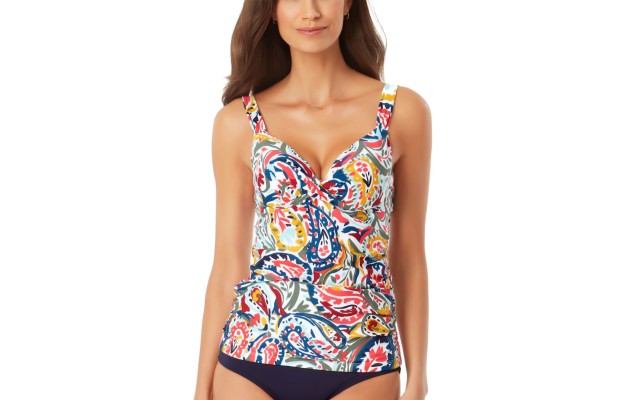  Watercolor Paisley Underwire Twist-Front Tankini Top, 34D, Multicolor