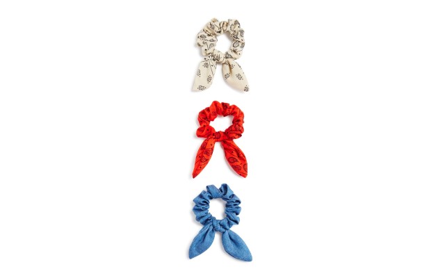  Printed & Denim Bow Detail Scrunchies Bandana, Set of 3