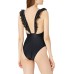 Avec Les Filles Women’s Standard Eyelet Plunge One Piece Swimsuit, Black, Medium