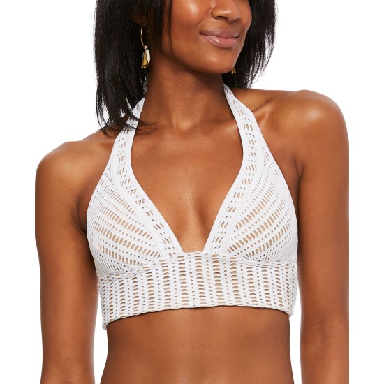  Crochet Long-Line Bikini Top, Small, Light Beige