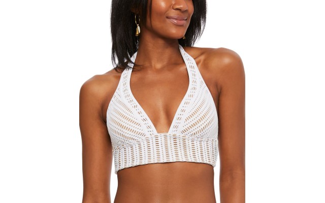  Crochet Long-Line Bikini Top, Small, Light Beige