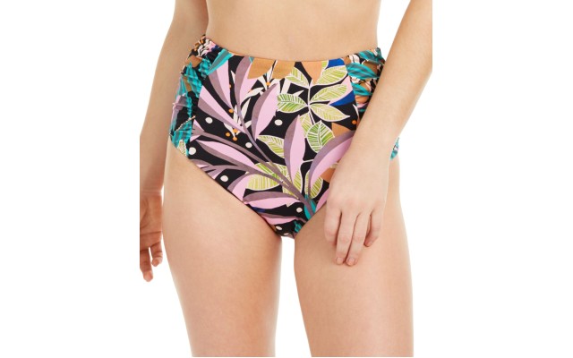  Hidden Jungle Printed High-Waist Bikini Bottoms, Black