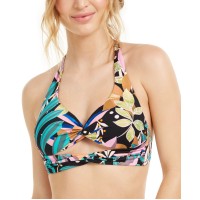 Bar III Hidden Jungle Printed Keyhole Halter Bikini Top, Black, XL