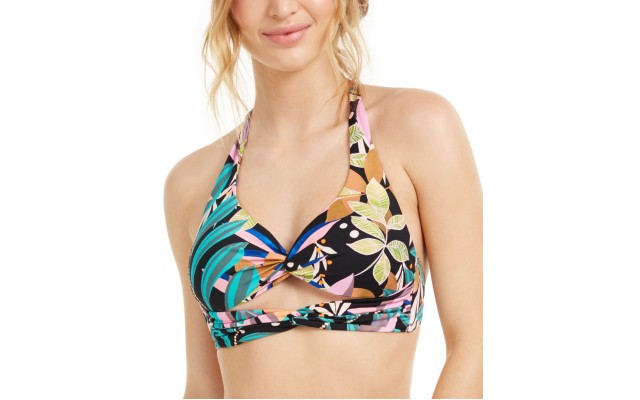  Hidden Jungle Printed Keyhole Halter Bikini Top, Black, XL