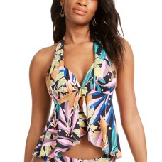 Bar III Hidden Jungle Printed Ruffled Halter Tankini Top, X-Small, Multicolor